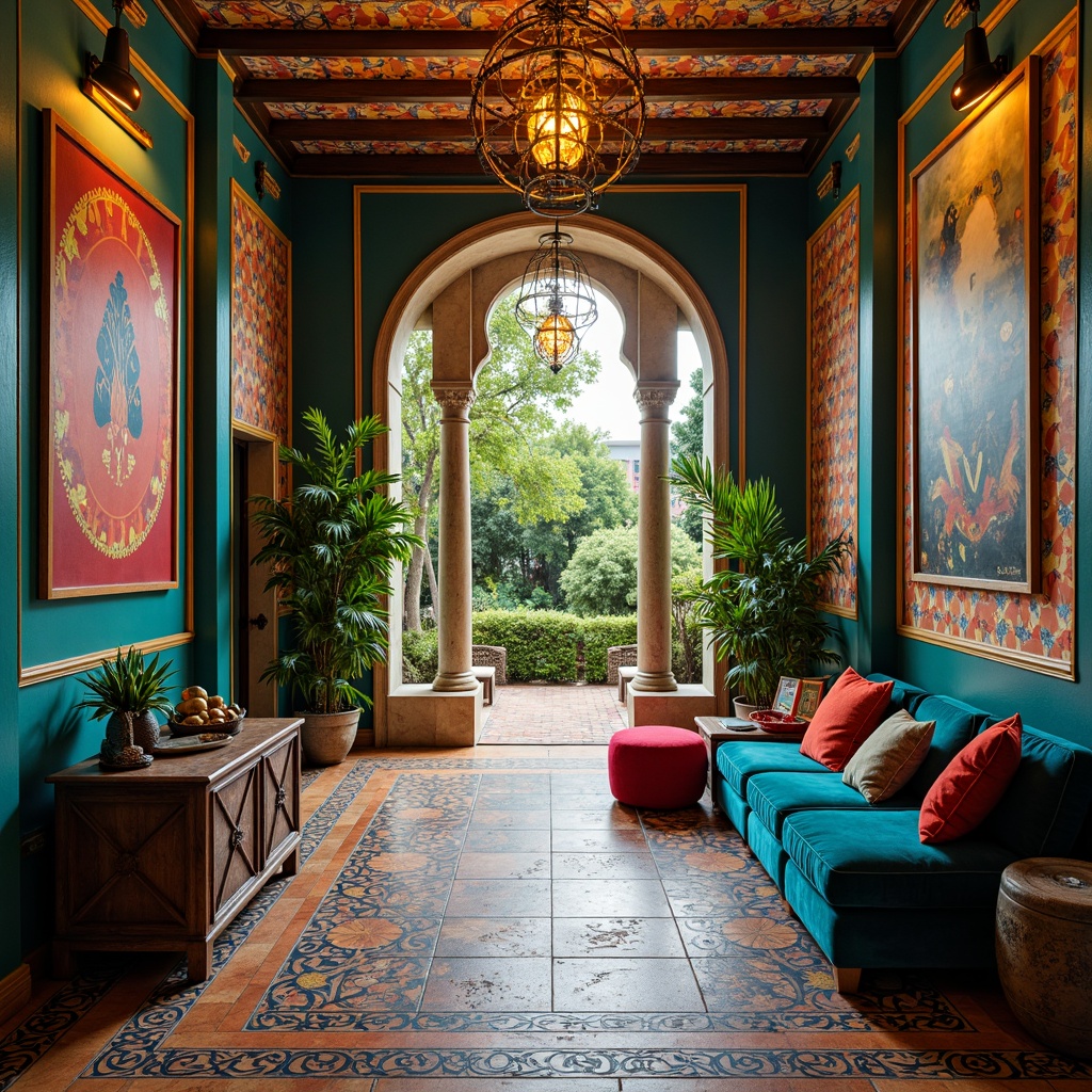 Prompt: Vibrant eclectic entryway, bold geometric patterns, rich jewel-toned walls, turquoise accents, warm golden lighting, distressed wood floors, plush velvet furniture, ornate metal fixtures, oversized abstract artwork, colorful Moroccan tiles, lush greenery, natural stone columns, grand chandelier, dramatic archways, soft focus, shallow depth of field, 1/2 composition, warm atmospheric lighting.