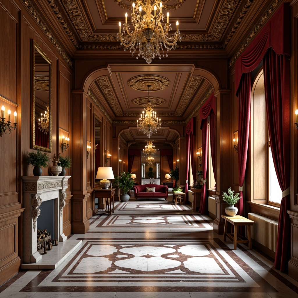 Prompt: Rich wood paneling, ornate moldings, grand chandeliers, luxurious velvet drapes, intricate marble floors, ornamental fireplaces, classic columns, elegant archways, soft warm lighting, shallow depth of field, 3/4 composition, realistic textures, ambient occlusion.