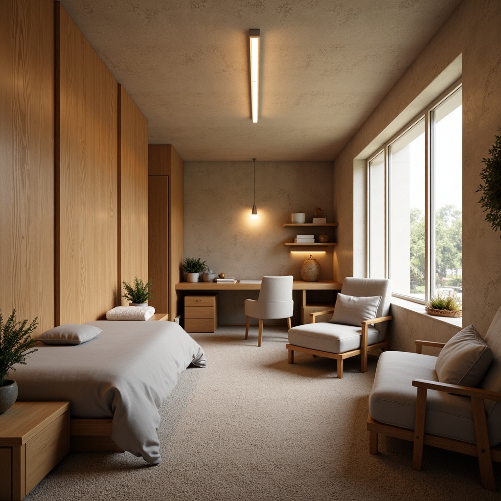 Prompt: Cozy dorm room, warm beige walls, textured finishes, soft gray bedding, wooden furniture, minimalist decor, modern lighting fixtures, comfortable seating areas, plush carpets, natural wood accents, calm atmosphere, softbox lighting, 1/1 composition, shallow depth of field, realistic textures, ambient occlusion.