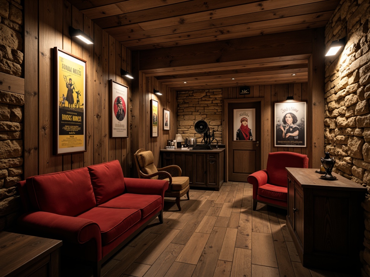 Prompt: Rustic cinema interior, distressed wooden planks, earthy tone walls, rough-hewn stone accents, vintage movie posters, antique film equipment, cozy velvet sofas, worn leather armchairs, dim warm lighting, soft focus glow, shallow depth of field, cinematic composition, dramatic shadows, realistic textures, ambient occlusion.