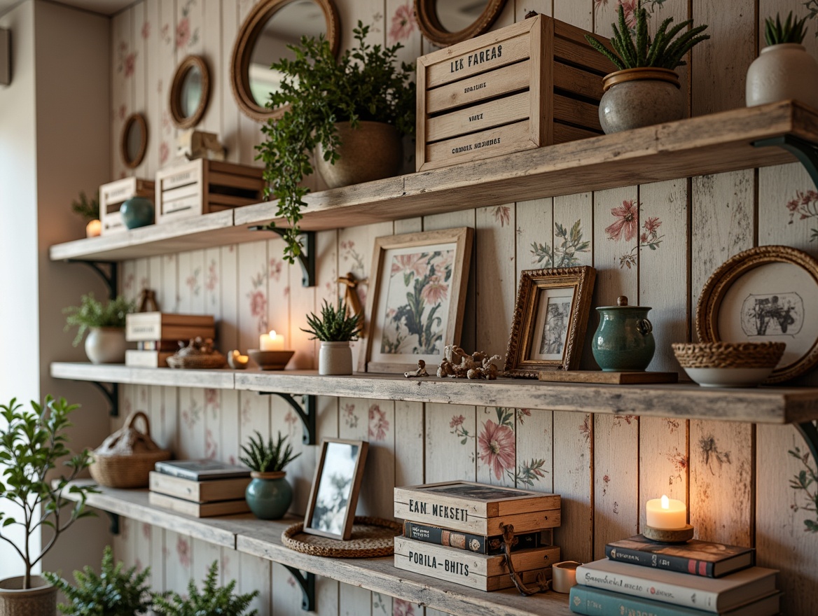 Prompt: Distressed wooden shelves, vintage metal brackets, soft pastel colors, floral patterns, ornate mirrors, rustic wooden crates, woven baskets, lace trimmings, distressed finishes, worn leather straps, antique hardware, whimsical decorative accents, cozy reading nooks, warm candlelight, soft focus, shallow depth of field, 1/1 composition, intimate atmosphere, realistic textures.