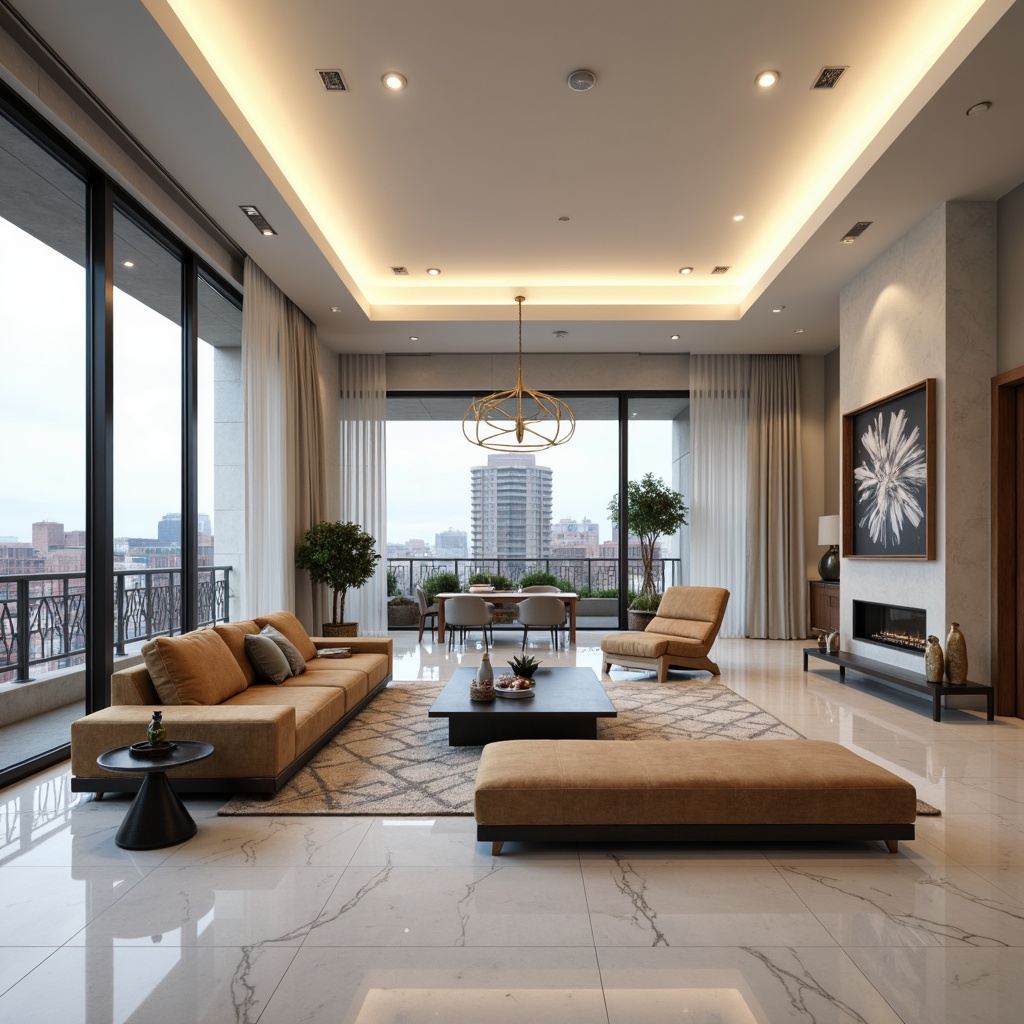 Prompt: Modern luxury living room, sleek lines, minimalist decor, polished marble floors, creamy white walls, floor-to-ceiling windows, sliding glass doors, cityscape views, pendant lamps, recessed lighting, LED strip lights, metallic accents, chrome finishes, velvet sofas, low-profile coffee tables, geometric patterned rugs, abstract artwork, dimmable ambient lighting, soft warm glow, 1/1 composition, shallow depth of field, realistic textures.