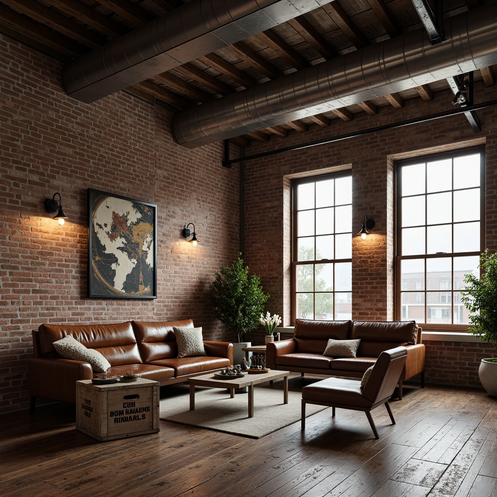 Prompt: Rustic industrial warehouse, exposed brick walls, metal beams, reclaimed wood floors, distressed leather sofas, vintage factory lamps, minimalist coffee tables, steel frame chairs, worn wooden crates, urban loft atmosphere, natural daylight, softbox lighting, shallow depth of field, 1/2 composition, realistic textures, ambient occlusion.