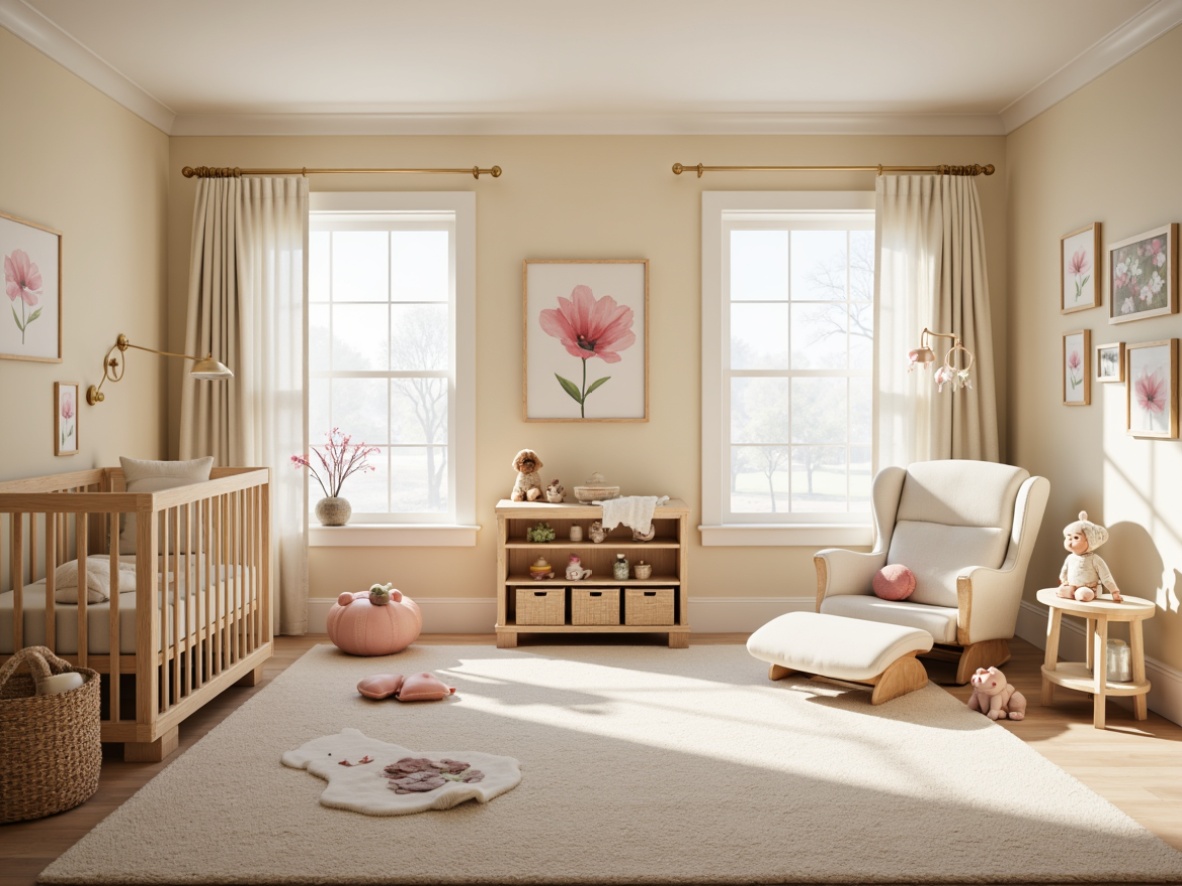 Prompt: Cozy nursery, pastel colors, soft toys, baby furniture, gentle lighting, plush carpets, comfortable gliders, soothing mobiles, natural wood cribs, minimalist decor, functional storage units, calm ambiance, serene atmosphere, warm beige walls, creamy white trim, delicate floral patterns, whimsical wall art, shallow depth of field, 1/2 composition, soft focus, warm color palette.