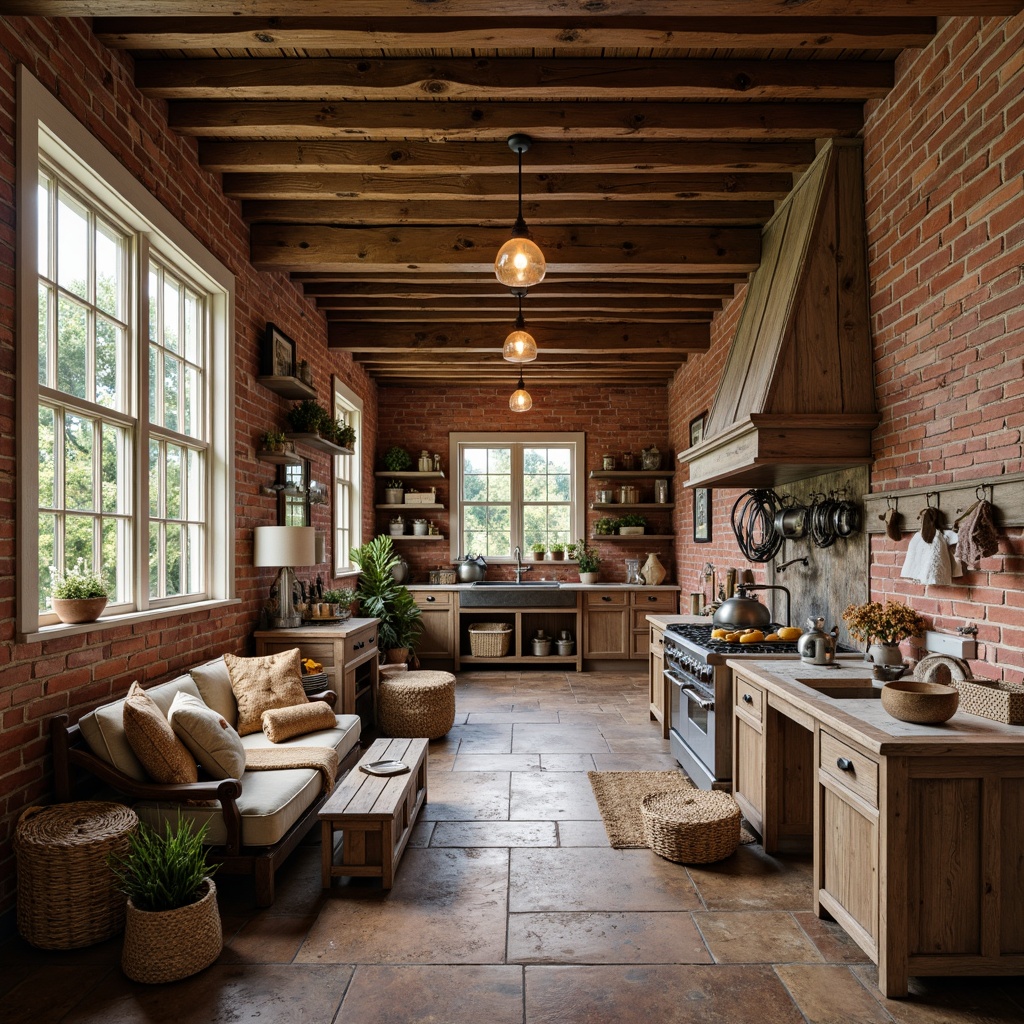 Prompt: Rustic farmhouse interior, vintage wooden furniture, distressed finishes, natural textiles, woven baskets, plush throw blankets, earthy color palette, reclaimed wood accents, metal lanterns, pendant lighting, farmhouse sinks, apron-front cabinets, brick red walls, wooden beam ceilings, soft warm lighting, shallow depth of field, 1/2 composition, cozy atmosphere, realistic textures.