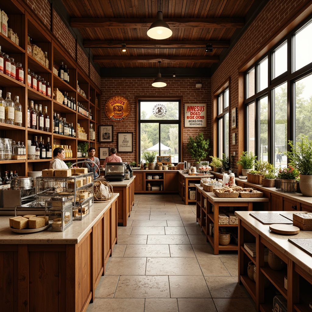 Prompt: Warm and inviting traditional grocery store, rustic wooden shelves, earthy tone brick walls, vintage metal signs, classic glass jars, natural stone flooring, warm beige countertops, nostalgic advertisements, rich wood accents, cozy aisle lighting, soft warm atmosphere, 1/1 composition, realistic textures, ambient occlusion.