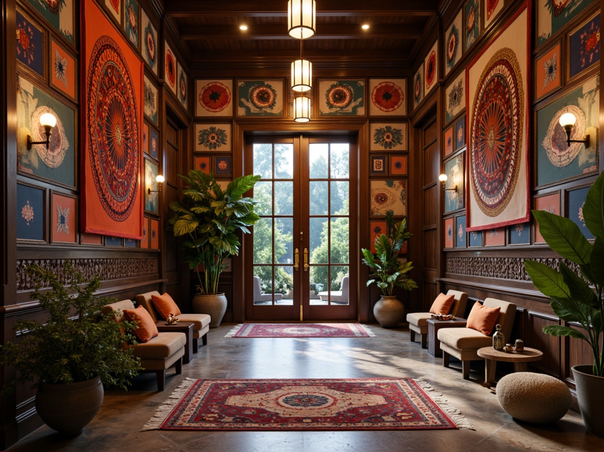 Prompt: Vibrant eclectic entrance, ornate wooden doors, brass door handles, patterned rugs, colorful tapestries, rich textiles, statement lighting fixtures, bold geometric patterns, contrasting materials, rustic wooden accents, metallic accents, abstract sculptures, lush greenery, potted plants, natural stone floors, warm ambient lighting, shallow depth of field, 1/2 composition, dramatic shadows, realistic reflections.