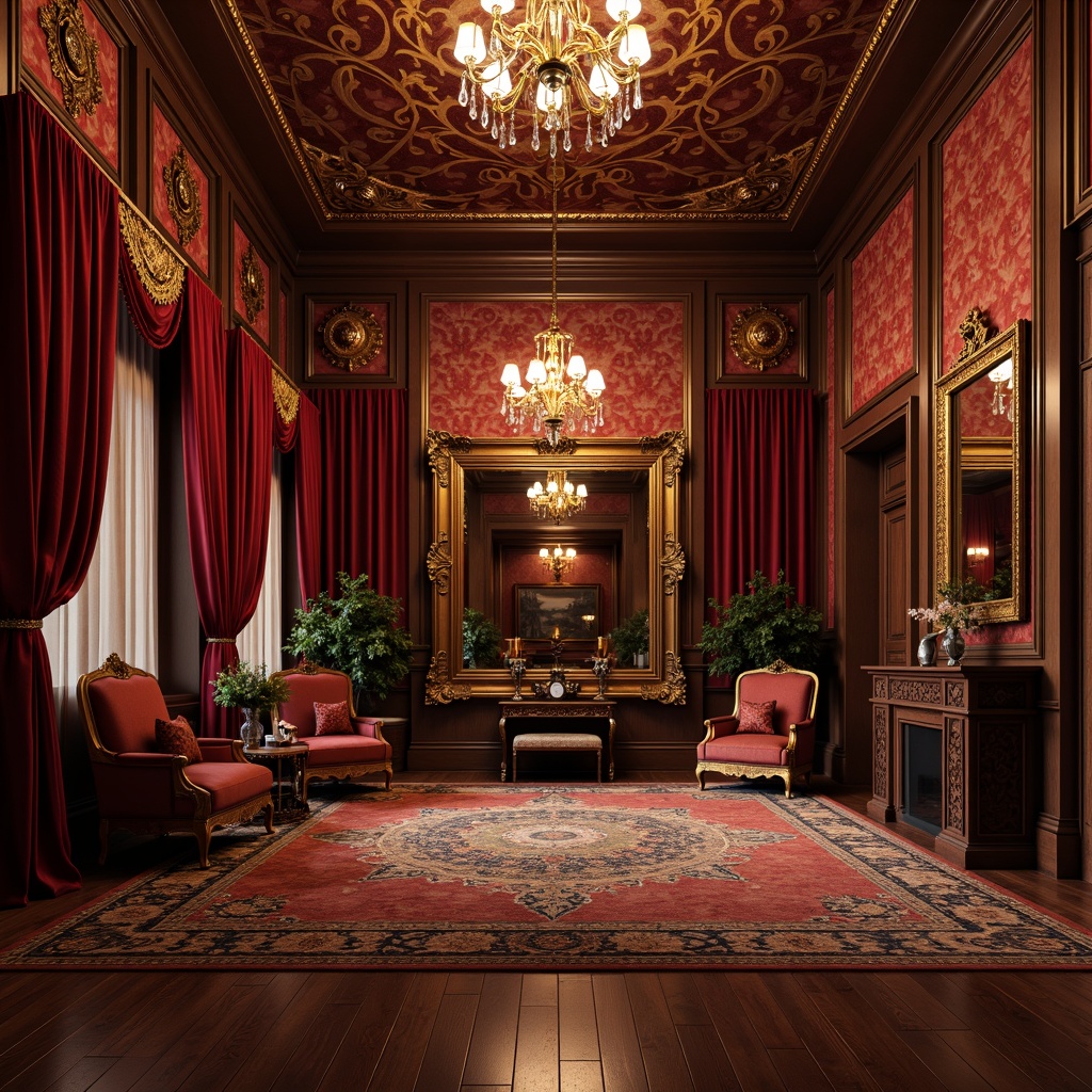 Prompt: Opulent velvet drapes, rich brocade upholstery, intricately patterned silk wallpapers, lavish gold embroidery, ornate wooden furniture, carved gilded frames, majestic crystal chandeliers, plush area rugs, regal throne-like chairs, dramatic crimson red accents, soft warm candlelight, high-contrast shadows, 1/1 composition, symmetrical layout, ornate mirror reflections, realistic fabric textures, ambient occlusion.