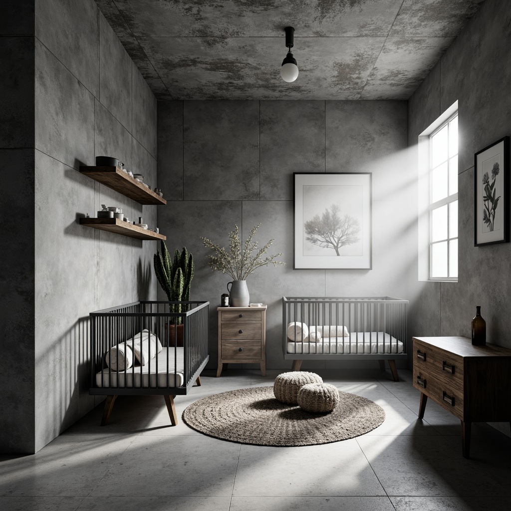 Prompt: Monochromatic brutalist nursery, rugged concrete walls, industrial-style metal cribs, reclaimed wood accents, minimalist decor, bold geometric patterns, cold-toned color palette, Scandinavian-inspired furniture, low-poly shapes, matte finishes, textured fabrics, abstract art pieces, dramatic shadows, high-contrast lighting, cinematic composition, atmospheric mist, 1/2 format, realistic render.