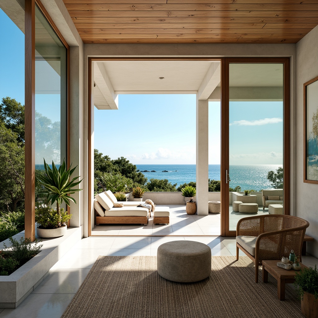 Prompt: Coastal style villa, large windows, sliding glass doors, seamless indoor-outdoor transition, ocean views, beachy vibe, natural textures, reclaimed wood accents, driftwood decor, soft blue-green color palette, airy open-plan living space, minimalist furniture, woven rattan chairs, jute rugs, potted palms, lush greenery, outdoor seating areas, built-in planters, warm sunny day, gentle sea breeze, 1/2 composition, soft focus, natural lighting, ambient occlusion.