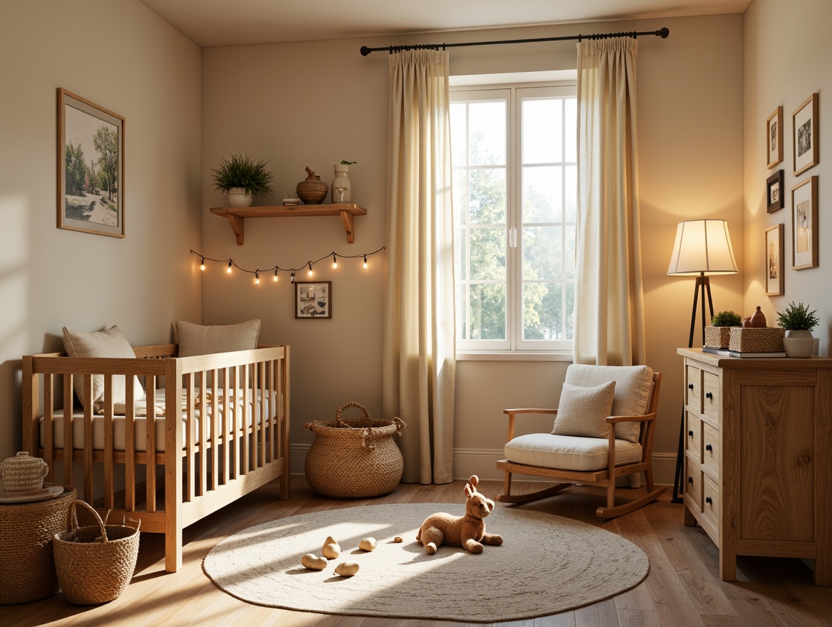 Prompt: Cozy baby room, vernacular style, soft warm lighting, wooden crib, plush toys, gentle color palette, cream-colored walls, natural wood furniture, woven baskets, vintage decorative items, distressed finishes, earthy tones, warm beige curtains, table lamps, floor lamps, string lights, warm glow, shallow depth of field, 1/1 composition, intimate atmosphere, realistic textures.