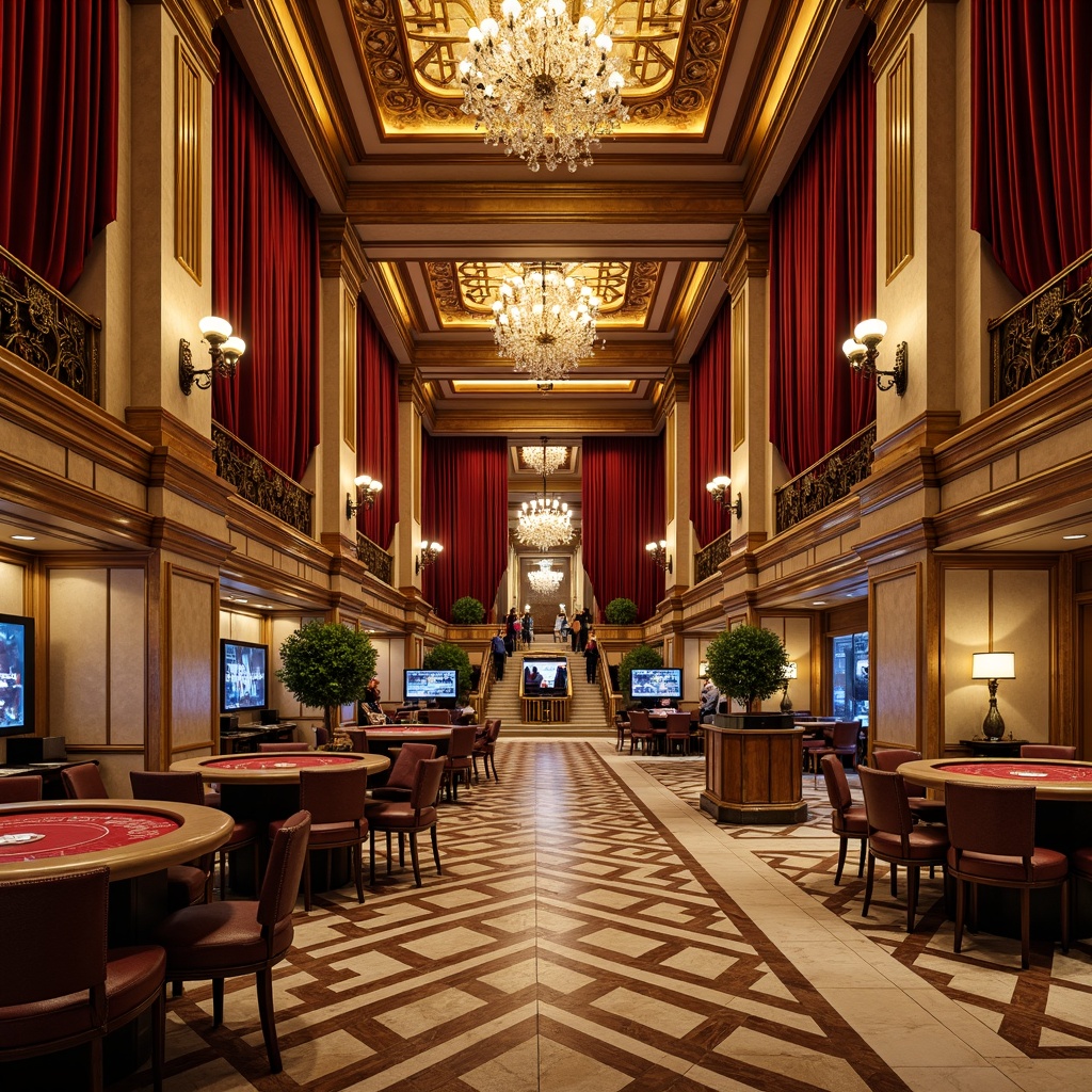 Prompt: Opulent casino interior, rich velvet drapes, ornate gold leaf accents, lavish crystal chandeliers, intricate marble floors, plush high-stakes gaming areas, luxurious leather upholstery, majestic columns, grand staircases, ornamental metalwork, sophisticated lighting fixtures, warm golden color schemes, textured wallpaper, lavish decorative molding, extravagant furnishings, premium wood veneers, elegant ceiling treatments, refined ambiance, soft focused lighting, shallow depth of field, 1/2 composition, realistic reflections.