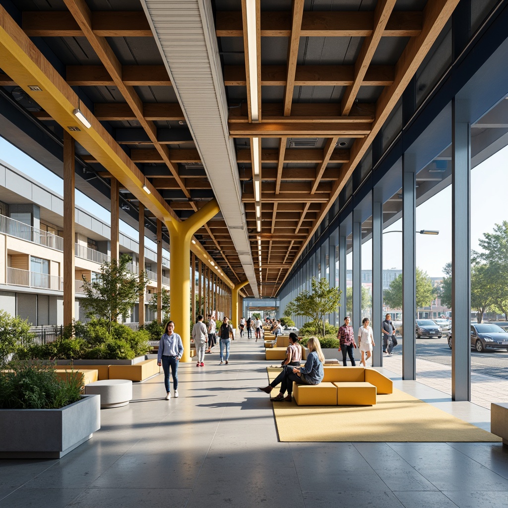 Prompt: Vibrant bus station interior, modern industrial design, exposed ductwork, polished concrete floors, bright LED lighting, comfortable seating areas, urban cityscape views, natural wood accents, bold color blocks, contrasting textures, geometric patterns, dynamic angular lines, warm beige tones, deep blue hues, energetic yellow accents, soft cream highlights, 1/3 composition, overhead shots, realistic renderings, ambient occlusion.