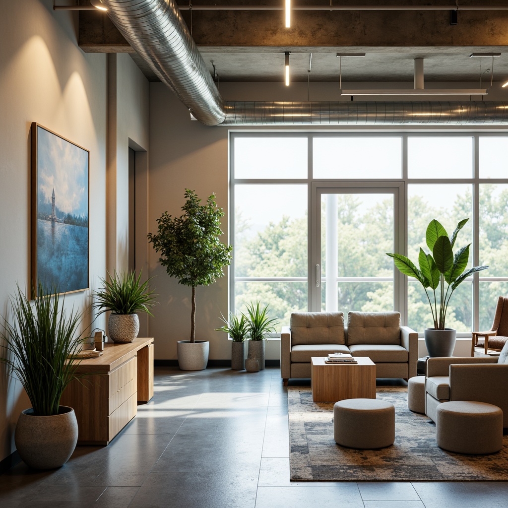 Prompt: Professional office space, modern minimalist decor, calming neutral tones, soothing blue accents, warm beige walls, rich wood furniture, metallic silver fixtures, vibrant green plants, natural stone flooring, abundant daylight, soft diffused lighting, shallow depth of field, 3/4 composition, realistic textures, ambient occlusion.