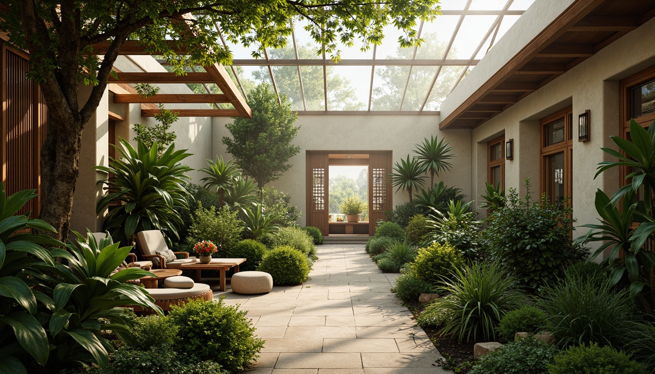 Prompt: Serenity-filled greenhouse, lush tropical plants, natural stone flooring, wooden trellises, bamboo accents, intricately carved wooden doors, Asian-inspired ornaments, soft warm lighting, abundant natural light, clerestory windows, skylights, sliding glass doors, misty atmosphere, dew-kissed leaves, vibrant greenery, exotic flowers, peaceful ambiance, minimal ornamentation, sustainable materials, eco-friendly design, organic textures, subtle color palette, 1/1 composition, soft focus, warm color tone.