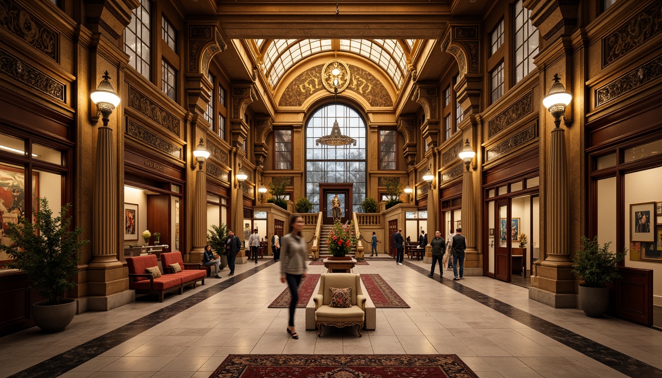 Prompt: Ornate metro station, traditional architectural style, grand high ceilings, marble flooring, ornamental columns, vintage lighting fixtures, intricate moldings, wooden paneling, richly patterned rugs, luxurious furnishings, warm golden lighting, shallow depth of field, 1/1 composition, realistic textures, ambient occlusion.