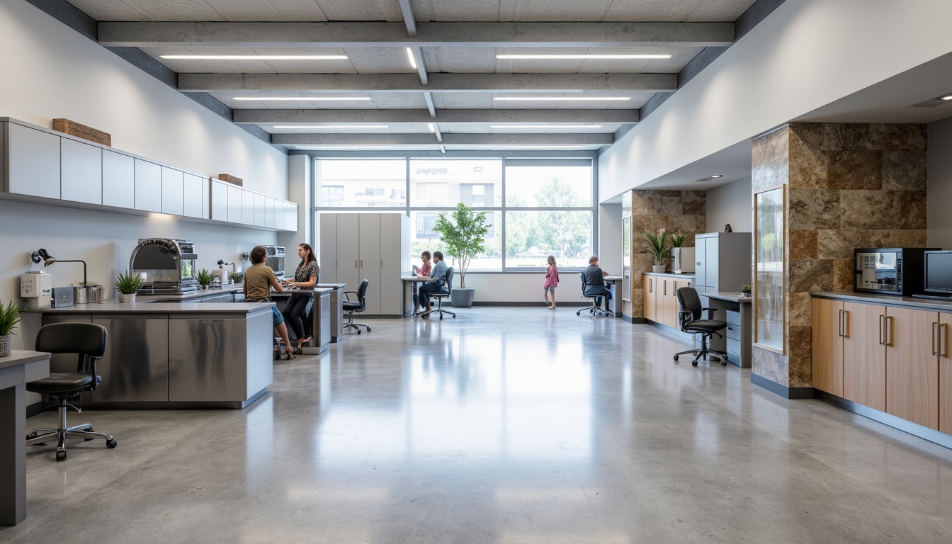 Prompt: Polished laboratory floors, epoxy resin coatings, industrial-style concrete finishes, light-reflecting vinyl sheets, subtle texture variations, neutral color palette, minimalist aesthetic, academic atmosphere, modern scientific equipment, sleek metal workstations, ergonomic seating, natural stone accents, high-gloss finishes, seamless transitions, 1/1 composition, shallow depth of field, softbox lighting, ambient occlusion.