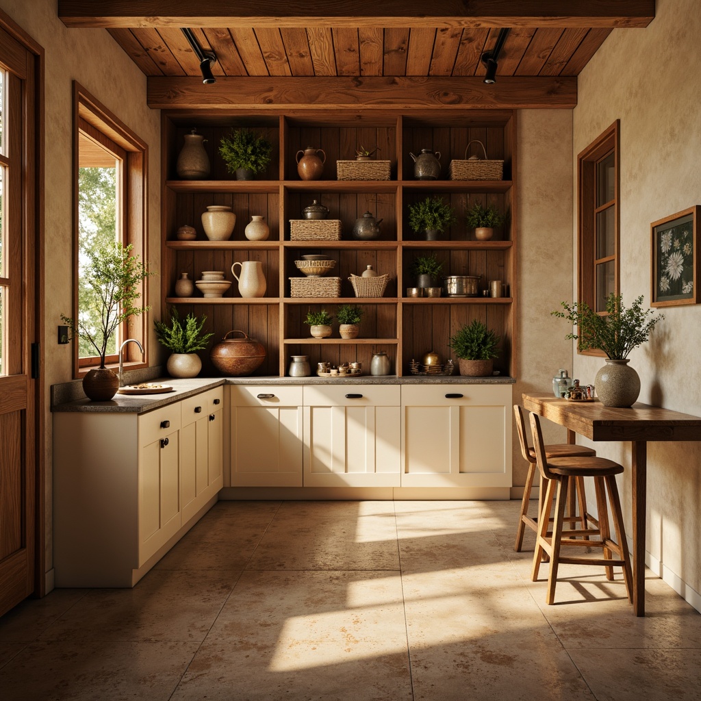 Prompt: Cozy pantry, warm beige walls, rich wood tones, soft golden lighting, rustic metal accents, vintage ceramic jars, woven baskets, earthy terracotta pots, fresh greenery, natural stone countertops, warm creamy cabinets, subtle texture overlays, shallow depth of field, 1/1 composition, realistic renderings, ambient occlusion.