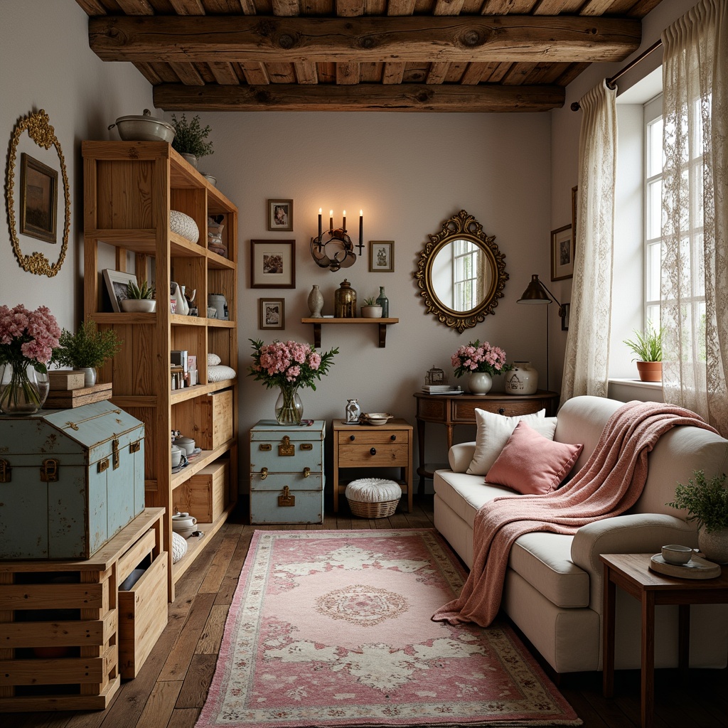 Prompt: Whimsical storage room, distressed wood crates, vintage metal trunks, soft pastel hues, lace curtains, floral patterns, ruffled fabrics, plush area rugs, ornate mirrors, antique furniture pieces, worn leather straps, natural linen textures, warm candlelight, shallow depth of field, 1/1 composition, romantic ambiance, rustic wooden shelves, distressed finishes, faded rose colors, velvet upholstery, intricate carvings.