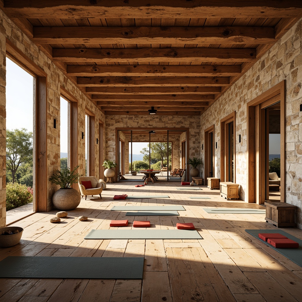 Prompt: Warm Mediterranean colors, rustic stone walls, wooden accents, fitness equipment, free weights, exercise machines, yoga mats, mirrored walls, large windows, natural light, sea-inspired decor, nautical ropes, distressed wood flooring, earthy tones, sandy textures, sunny day, soft warm lighting, shallow depth of field, 3/4 composition, panoramic view, realistic reflections, ambient occlusion.