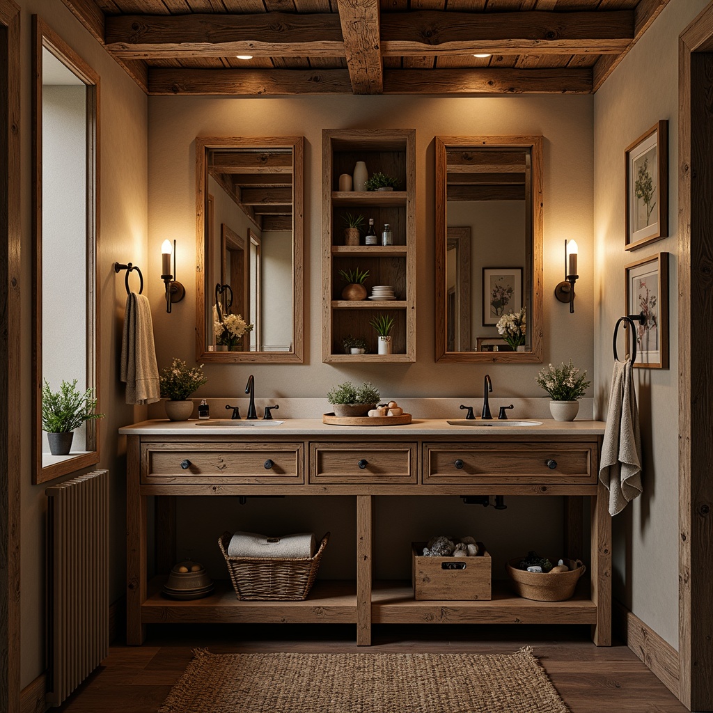 Prompt: Rustic powder room, reclaimed wood accents, distressed finishes, earthy color palette, natural stone countertops, copper piping fixtures, industrial-chic lighting, vintage apothecary cabinets, antique mirrors, woven textiles, organic botanicals, warm candlelight, shallow depth of field, 1/2 composition, soft focus, realistic textures, ambient occlusion.