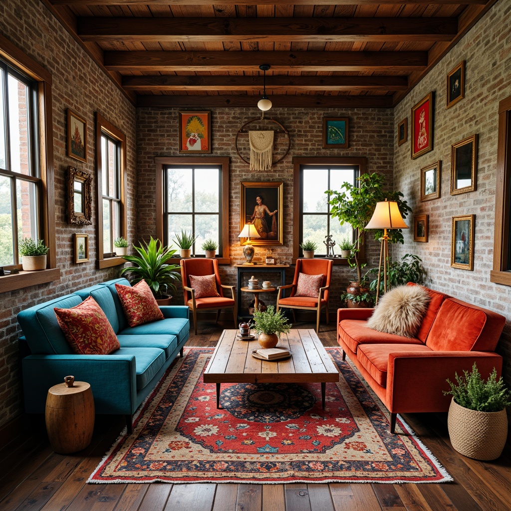 Prompt: Vibrant eclectic interior, distressed wooden flooring, vintage rug, industrial metal beams, exposed brick walls, reclaimed wood accents, colorful Moroccan tiles, plush velvet sofas, antique furniture pieces, ornate mirrors, bohemian textiles, macrame wall hangings, natural woven baskets, warm soft lighting, cozy reading nooks, eclectic art collections, abstract patterned rugs, rustic wooden shelves, metallic gold hardware, richly upholstered armchairs, bold graphic wallpaper.