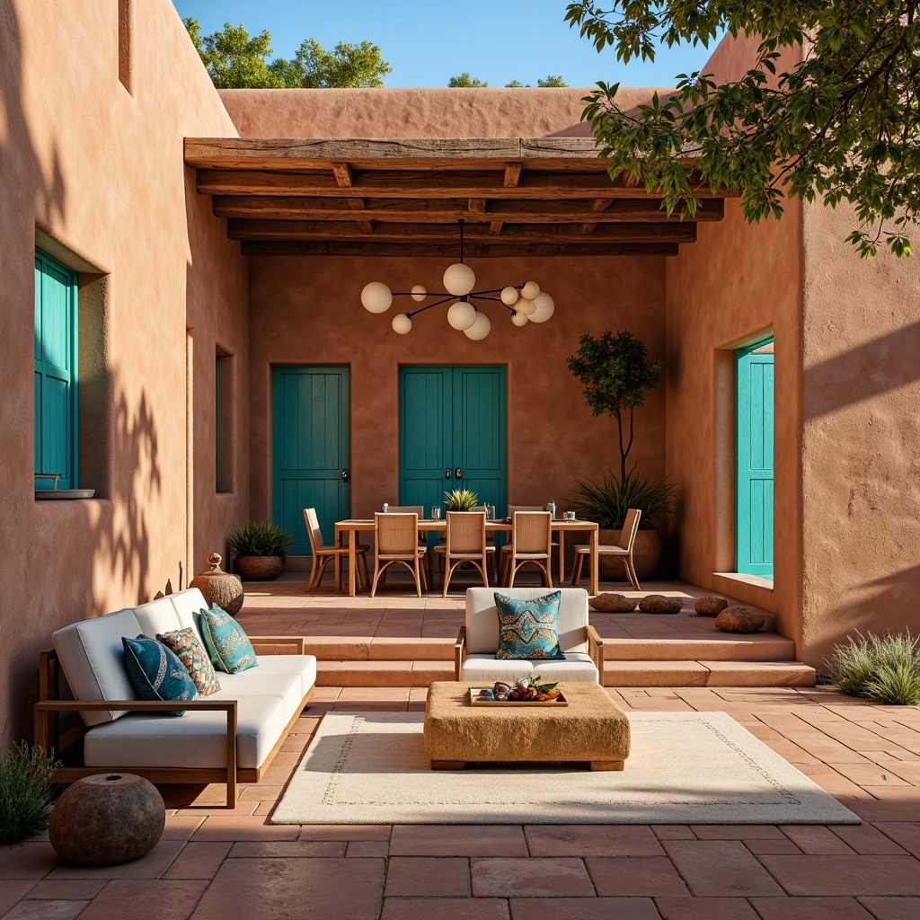 Prompt: Southwestern adobe architecture, rustic earthy tones, natural stone walls, reclaimed wood accents, vibrant turquoise hues, bold geometric patterns, woven textiles, earth-toned ceramics, warm desert lighting, shallow depth of field, 3/4 composition, panoramic view, realistic textures, ambient occlusion.