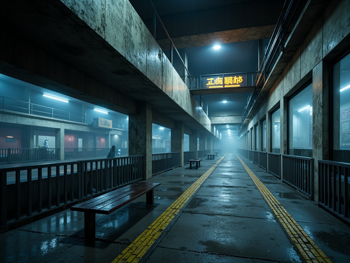 Prompt: Exposed concrete structures, industrial metallic beams, rugged brutalist architecture, dimly lit platforms, atmospheric mist, urban underground ambiance, raw concrete walls, functional metal signage, dramatic overhead lighting, high-contrast shadows, futuristic LED strips, neon-lit advertisements, moody ambient occlusion, cinematic composition, low-angle shots, strong directional light sources, brutalist-inspired furniture, cold industrial color palette, rainy night atmosphere, foggy misty effects, realistic textures, 3/4 composition, panoramic view.