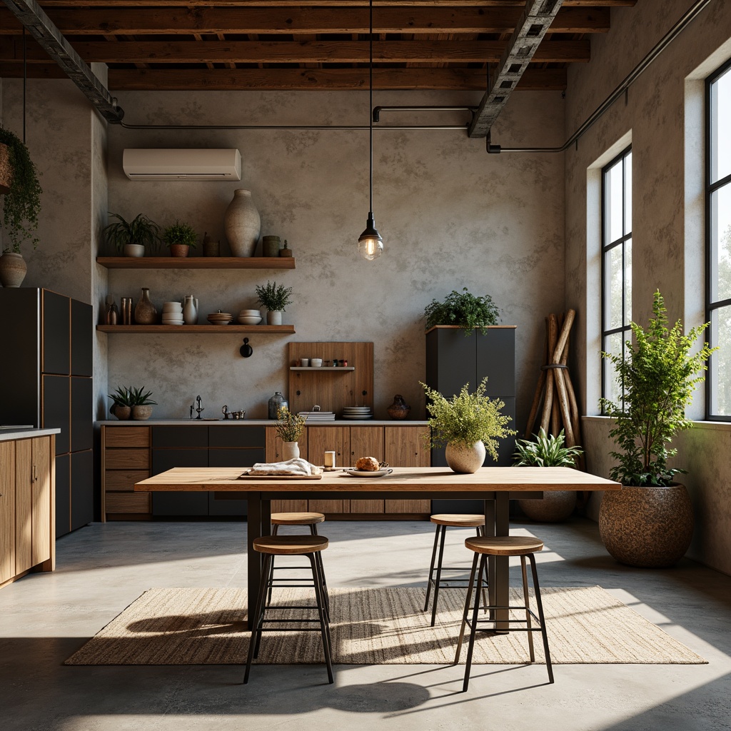 Prompt: Industrial workshop setting, minimalist aesthetic, reclaimed wood furniture, metal legs, exposed brick walls, concrete floors, industrial lighting fixtures, functional decor, sparse greenery, natural textiles, earthy color palette, warm softbox lighting, shallow depth of field, 1/1 composition, realistic textures, ambient occlusion.