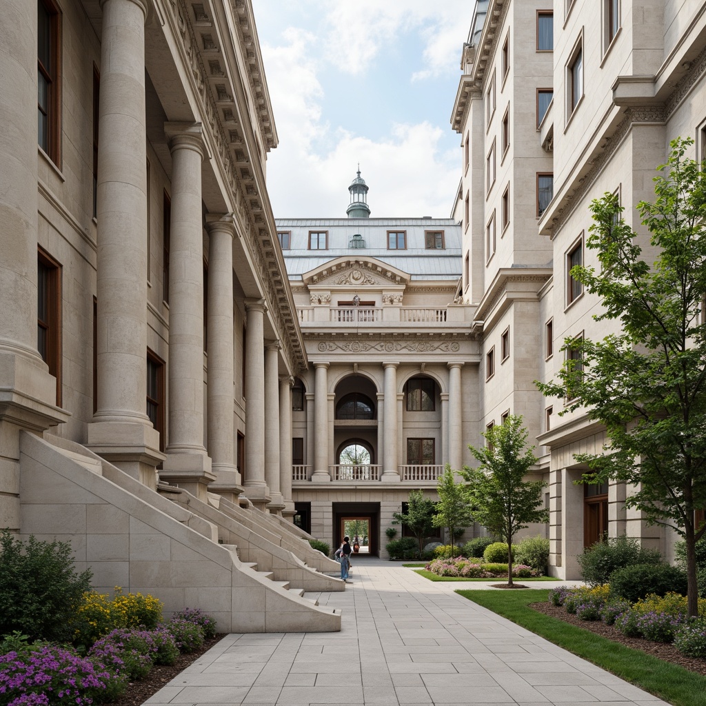 Prompt: Grand campus, neoclassical architecture, majestic columns, ornate capitals, rusticated bases, symmetrical facades, grandiose entrance, sweeping staircases, elegant archways, refined stone carvings, intricate moldings, subtle color palette, harmonious proportion, soft natural lighting, 1/1 composition, realistic textures, ambient occlusion.