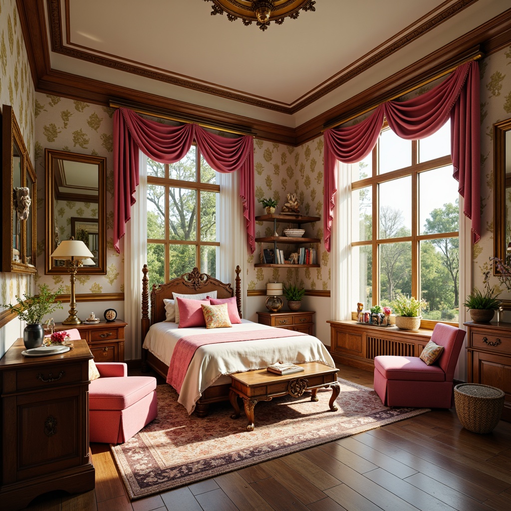 Prompt: Whimsical kids' bedroom, lavish Victorian furniture, rich wood tones, ornate carvings, plush velvet fabrics, soft golden lighting, intricate wallpaper patterns, colorful ceramic vases, playful toy collections, vibrant pink accents, creamy white trimmings, elegant crown molding, distressed wooden floors, cozy reading nooks, oversized windows, lush greenery views, warm afternoon sunlight, shallow depth of field, 1/2 composition, realistic textures, ambient occlusion.