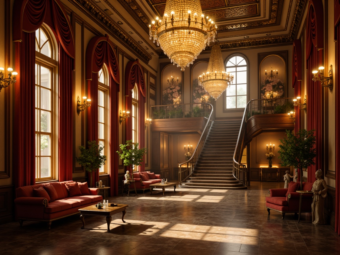 Prompt: Opulent chandeliers, crystal droplets, warm golden lighting, lavish furnishings, intricate carvings, ornate mirrors, velvet drapes, rich tapestries, marble floors, grand staircases, sweeping arches, dramatic shadows, soft focus, atmospheric glow, cinematic composition, high contrast ratio, realistic reflections, subtle color grading.