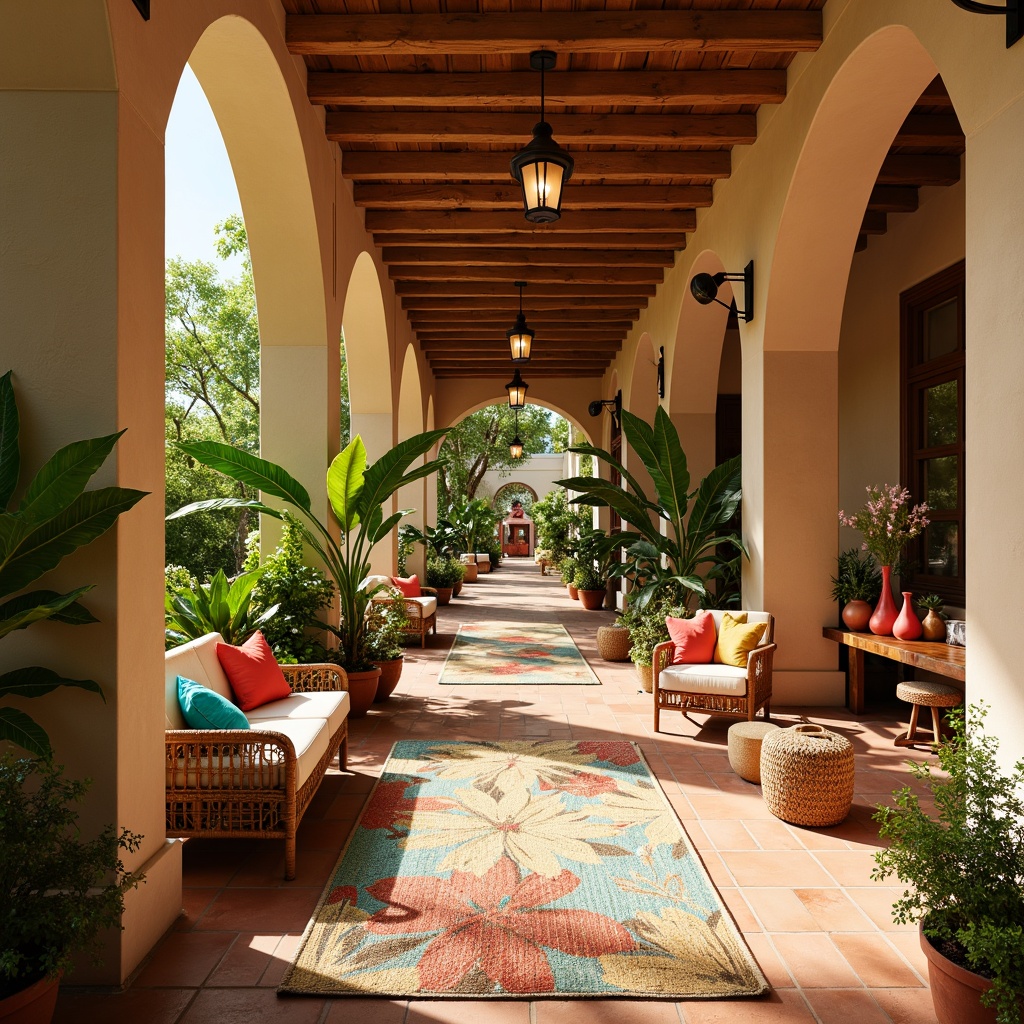 Prompt: Vibrant tropical hallway, warm beige walls, rich wood accents, lush greenery, exotic plants, colorful floral patterns, rattan furniture, woven textiles, natural fiber rugs, earthy terracotta floors, bright coral hues, turquoise accents, sunny day, soft warm lighting, shallow depth of field, 3/4 composition, panoramic view, realistic textures, ambient occlusion.