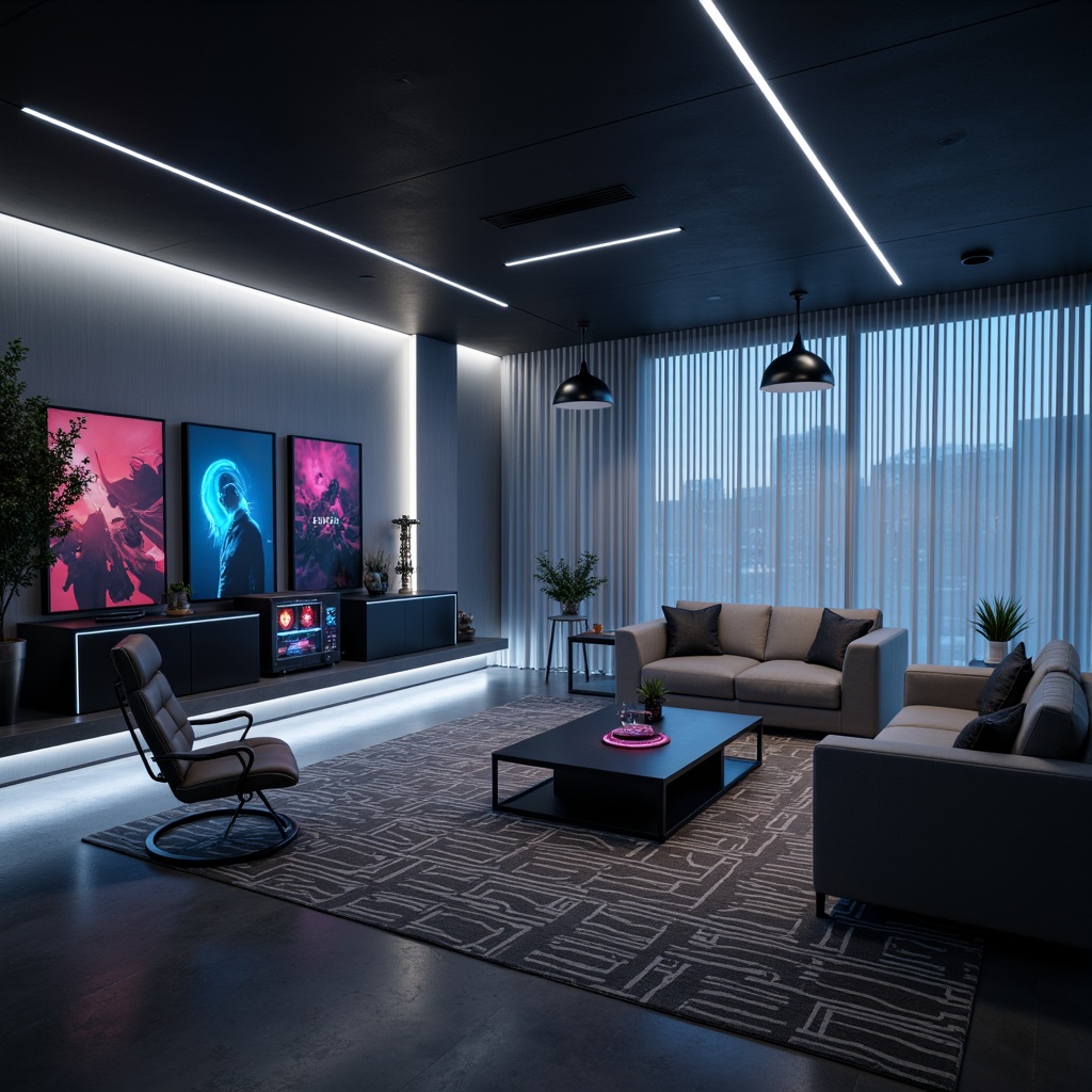 Prompt: Minimalist game room, sleek console tables, low-profile sofas, industrial metal chairs, monochromatic color scheme, polished concrete floors, geometric patterned rugs, modern LED lighting, abstract wall art, floor-to-ceiling curtains, minimalist shelves, futuristic gaming PCs, neon-lit accents, atmospheric fog effects, shallow depth of field, 1/1 composition, cinematic view, realistic textures, ambient occlusion.