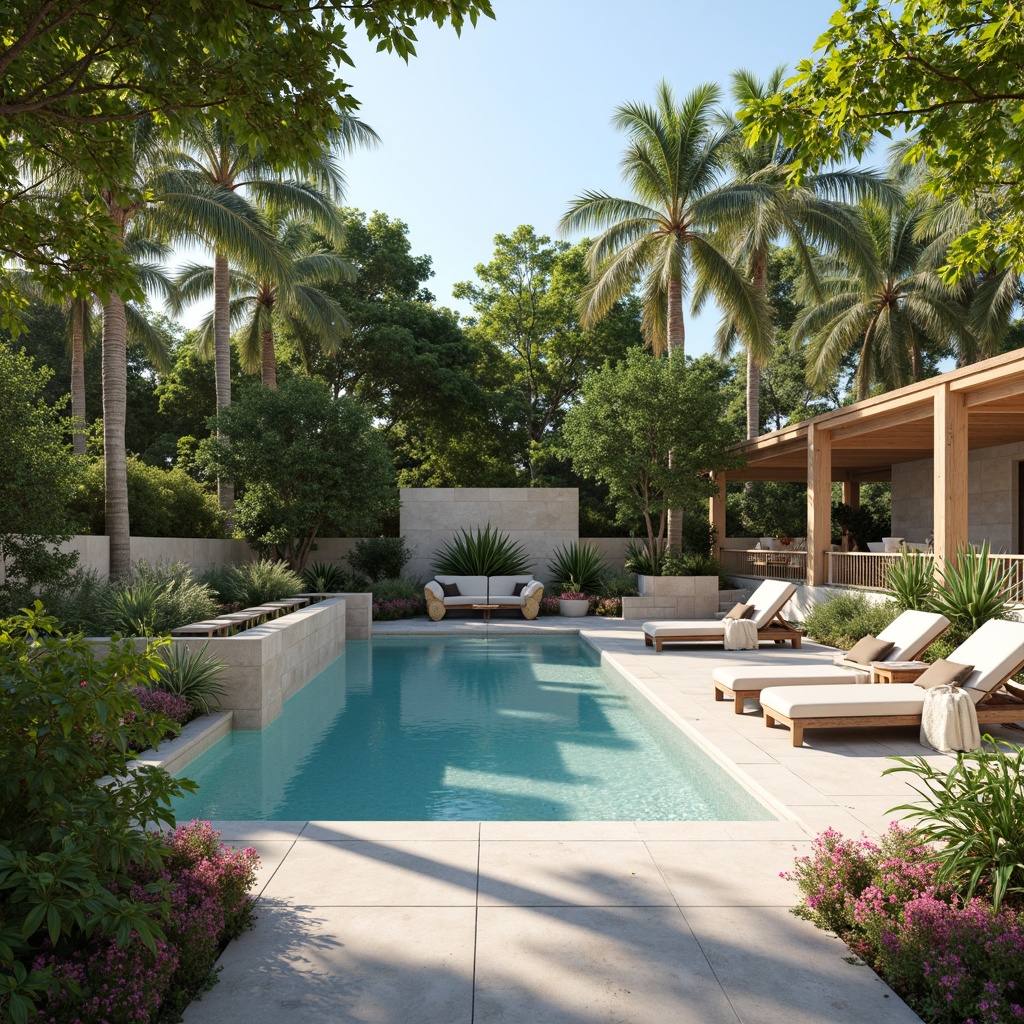 Prompt: Soothing poolside ambiance, serene water features, lush greenery, vibrant tropical flowers, natural stone decking, wooden accents, tranquil outdoor seating, refreshing misting systems, warm sunny day, soft gentle lighting, shallow depth of field, 1/1 composition, realistic textures, ambient occlusion, calming blues, whites, and sandy neutrals, pops of coral pink, turquoise, and lime green.