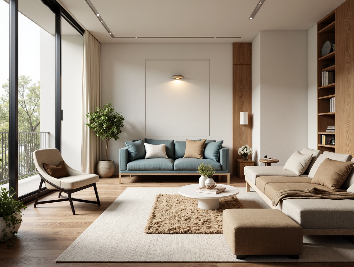 Prompt: Calming interior atmosphere, soft natural light, creamy whites, warm beige tones, rich wood accents, earthy brown hues, soothing blue undertones, gentle greenery, elegant metallic finishes, luxurious fabrics, plush area rugs, statement lighting fixtures, 3/4 composition, shallow depth of field, realistic textures, ambient occlusion.