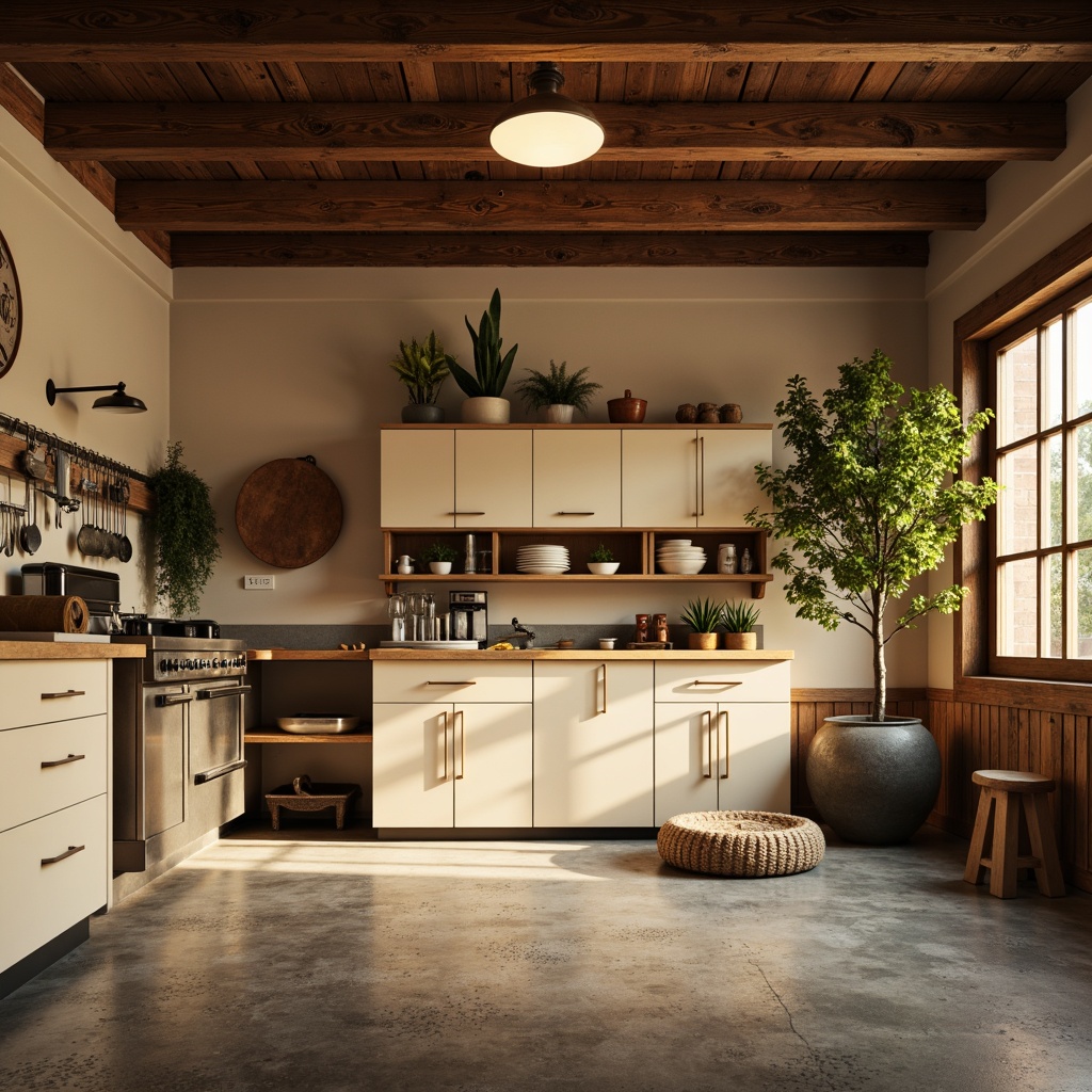 Prompt: Cozy garage interior, warm beige walls, rich wood accents, metallic silver tools, soft cream-colored cabinets, industrial-style lighting, distressed concrete floors, earthy brown tones, natural textures, subtle gradient effects, warm golden lighting, shallow depth of field, 1/1 composition, realistic reflections, ambient occlusion.