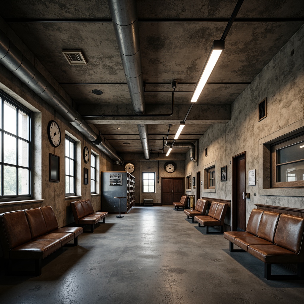 Prompt: Rough concrete walls, exposed ductwork, industrial metal beams, dimly lit atmosphere, retro-style train station, vintage luggage racks, worn leather benches, old-fashioned clock towers, acoustic panels, sound-absorbing materials, diffusers, bass traps, minimalist decor, cold harsh lighting, high ceilings, open spaces, urban feel, functional design, raw textures, brutalist architecture, 1/1 composition, dramatic shadows, realistic reflections.