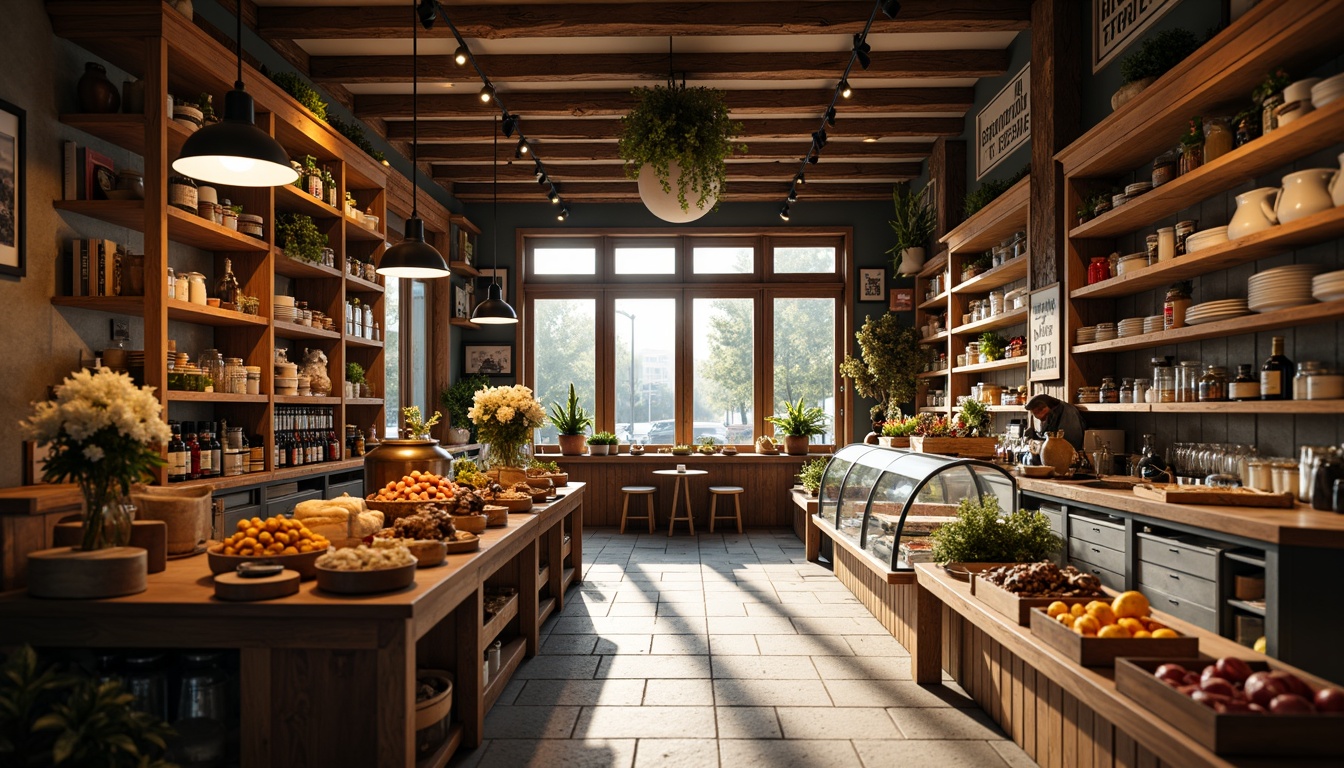 Prompt: Cozy traditional grocery store, warm wooden shelves, rustic metal racks, vintage signage, earthy color scheme, soft warm lighting, pendant lamps, track lights, LED strips, warm white tone, 2700K-3000K color temperature, gentle shadows, subtle highlights, atmospheric ambiance, inviting shopping experience, everyday essentials, fresh produce displays, bakery section, dairy products, meat and seafood counters, floral arrangements, natural stone floors, wooden ceiling beams, classic storefront facade, nostalgic feel, afternoon sunbeam, soft focus, 1/2 composition.