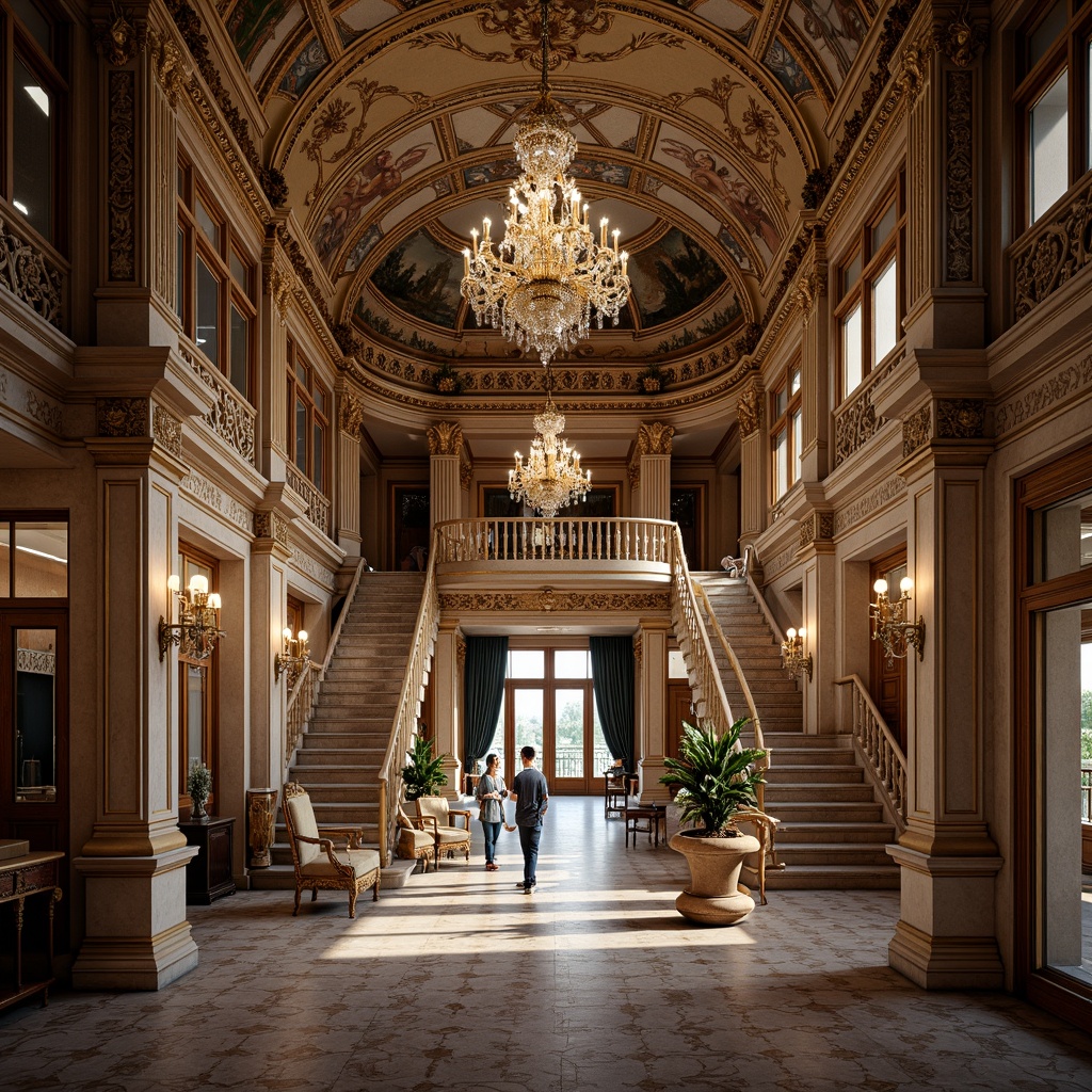 Prompt: Ornate palace, grandiose entrance, sweeping staircases, intricate stone carvings, gilded furnishings, lavish chandeliers, ornamental mirrors, rich velvet drapes, majestic columns, curved archways, detailed frescoes, golden accents, dramatic lighting, high contrast shadows, 1/1 composition, symmetrical framing, realistic textures, ambient occlusion.