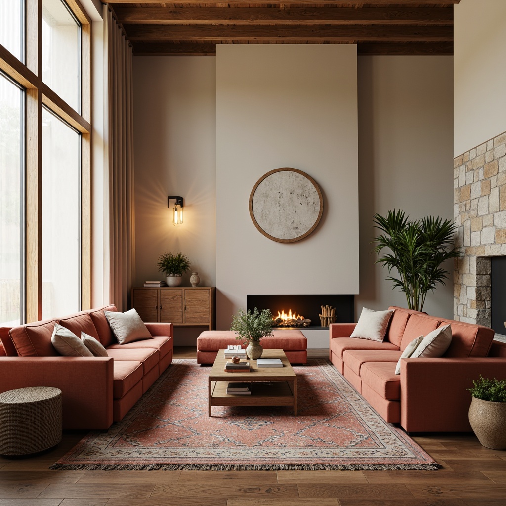 Prompt: Cozy living room, plush sofas, velvet armchairs, wooden coffee tables, Moroccan-inspired rugs, warm ambient lighting, soft beige walls, natural stone fireplace, floor-to-ceiling windows, sheer curtains, elegant pendant lamps, minimalist decor, comfortable throw pillows, rich wood accents, soft pastel colors, 1/1 composition, shallow depth of field, realistic textures.