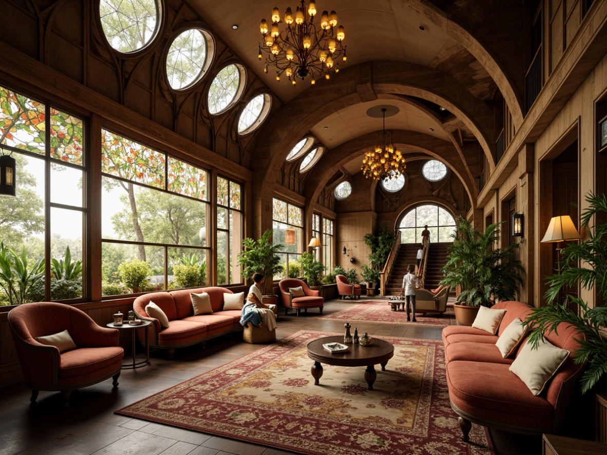 Prompt: Whimsical Art Nouveau interior, ornate furnishings, flowing organic lines, sinuous botanical motifs, stained glass windows, intricate metalwork, curvaceous wooden accents, plush velvet fabrics, subtle earthy tones, soft golden lighting, shallow depth of field, 1/1 composition, panoramic view, realistic textures, ambient occlusion.