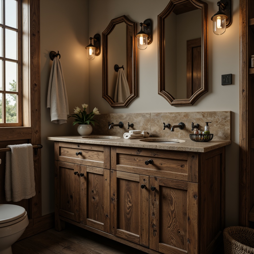 Prompt: Rustic powder room, distressed wooden vanity, vintage-inspired faucets, bronze metal finish, ornate details, porcelain sink, natural stone countertops, earthy tone colors, warm ambient lighting, soft focus, shallow depth of field, 1/1 composition, realistic textures, atmospheric effects.