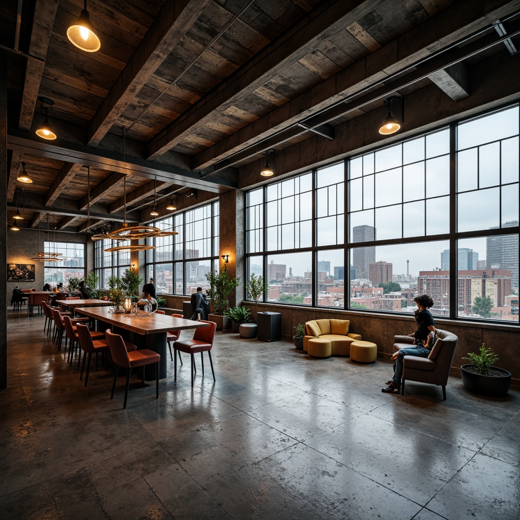 Prompt: Rustic metal beams, exposed ductwork, industrial-style lighting fixtures, reclaimed wood accents, distressed concrete floors, urban loft atmosphere, minimal decoration, functional machinery, metallic color palette, bold typography, urban cityscape views, cloudy day, high-contrast lighting, dramatic shadows, 1-point perspective composition, gritty textures, ambient occlusion.