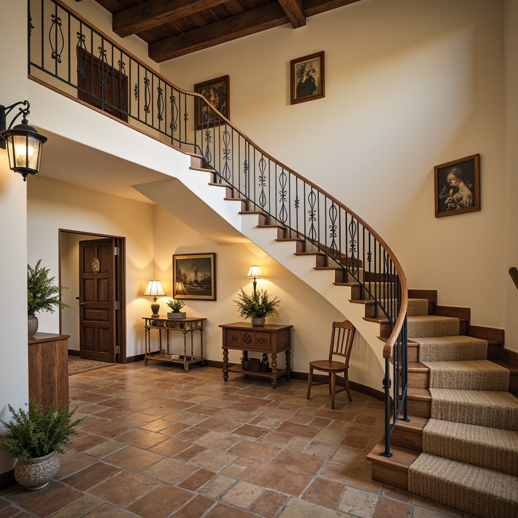 Prompt: Elegant French country staircase, ornate metal railings, distressed wood banisters, soft cream-colored walls, rustic stone floors, warm beige carpets, classic lantern-style lighting, curved staircase design, intricate carvings, decorative ironwork, natural wood tones, earthy color palette, cozy ambient lighting, 1/2 composition, shallow depth of field, realistic textures, soft focus effect.