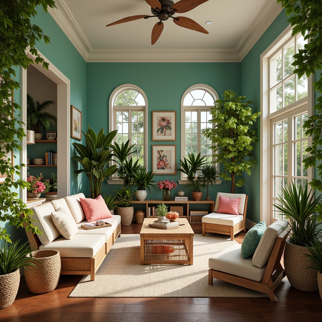 Prompt: Vibrant tropical family room, lush greenery, exotic flowers, warm wood accents, rattan furniture, plush throw pillows, natural textiles, ocean-inspired color palette, calming turquoise walls, creamy white trim, rich brown wooden floors, coral pink decorative accents, sunny day, soft warm lighting, shallow depth of field, 3/4 composition, panoramic view, realistic textures, ambient occlusion.