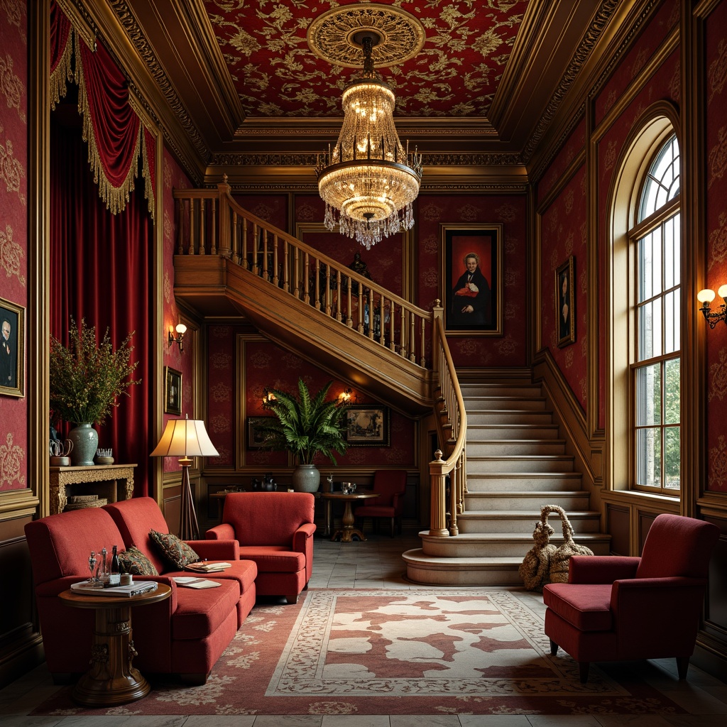 Prompt: Luxurious velvet fabrics, rich jewel-toned walls, ornate gold leaf accents, intricately carved wooden furnishings, lavish crystal chandeliers, opulent marble floors, grandiose staircases, majestic architectural details, warm candlelit ambiance, soft focus, shallow depth of field, 1/1 composition, dramatic shadows, realistic textures, ambient occlusion.