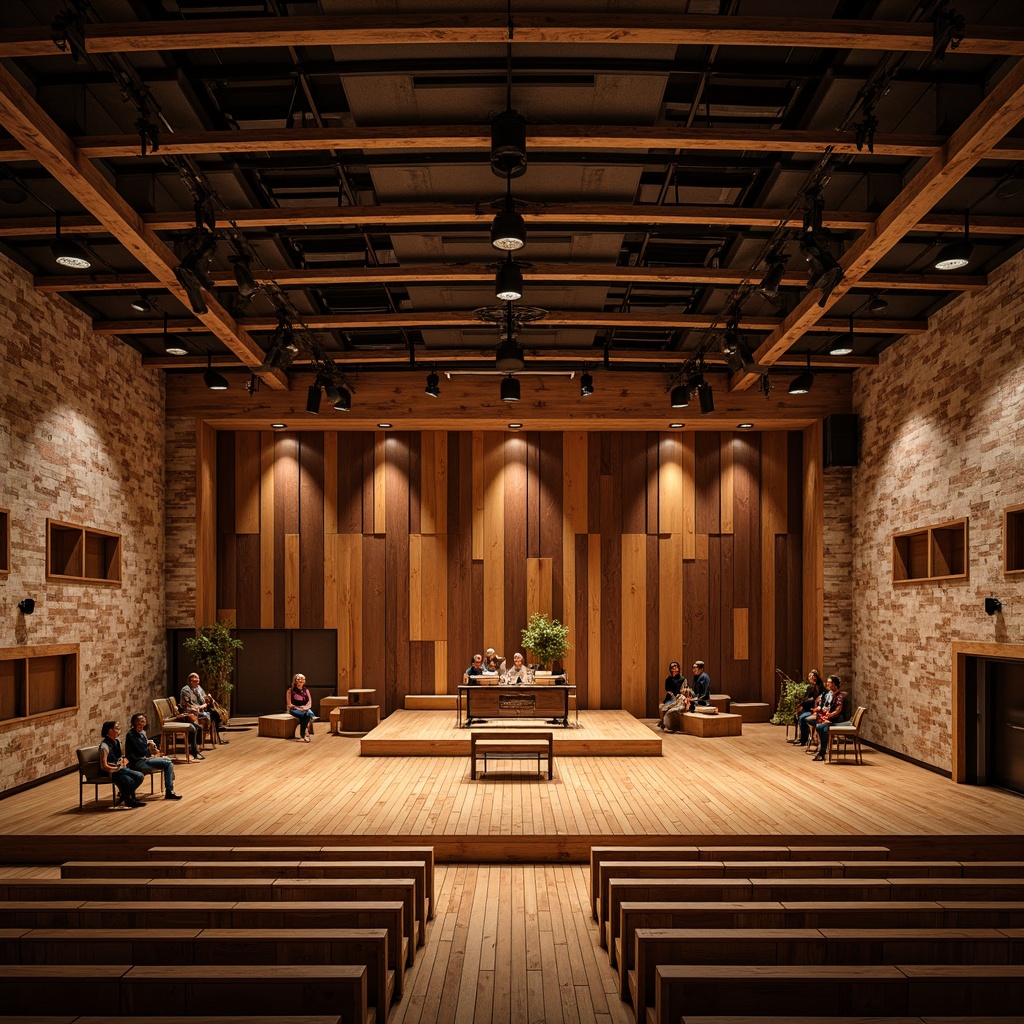 Prompt: Rustic performing arts center, wooden acoustic panels, natural reclaimed wood textures, earthy tones, ambient warm lighting, cozy atmosphere, vintage musical instruments, distressed brick walls, industrial metal beams, open ceiling design, wooden floorboards, rustic wooden benches, intimate stage setting, softbox spotlights, warm color palette, 1/1 composition, shallow depth of field, realistic wood grain details.