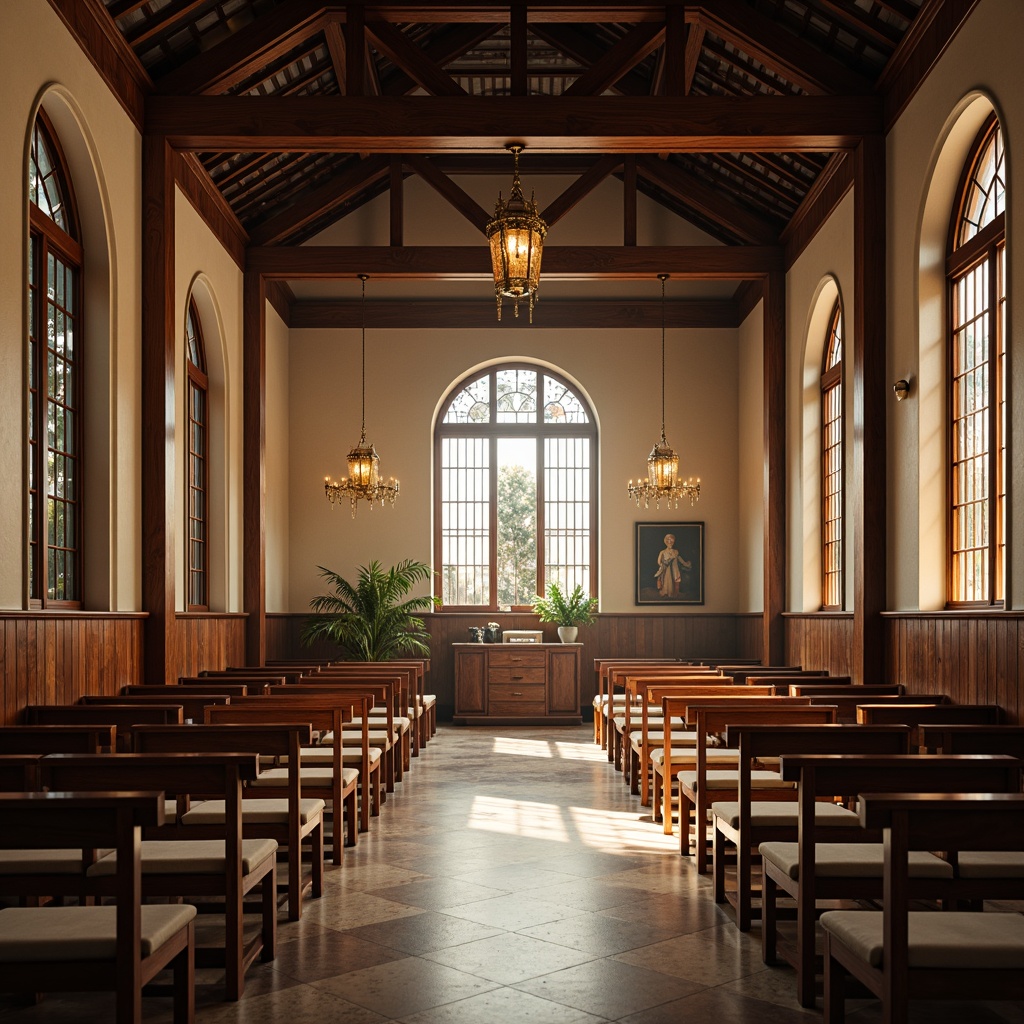 Prompt: Traditional Asian-style church interior, intricately carved wooden pews, soft cushioned seats, ornate golden accents, elegant lanterns, serene ambiance, natural light filtering through stained glass windows, gentle warm color palette, subtle fragrance of incense, peaceful atmosphere, harmonious seating arrangement, spacious aisles, symmetrical composition, shallow depth of field, 1/2 camera angle, warm softbox lighting, realistic textures, ambient occlusion.