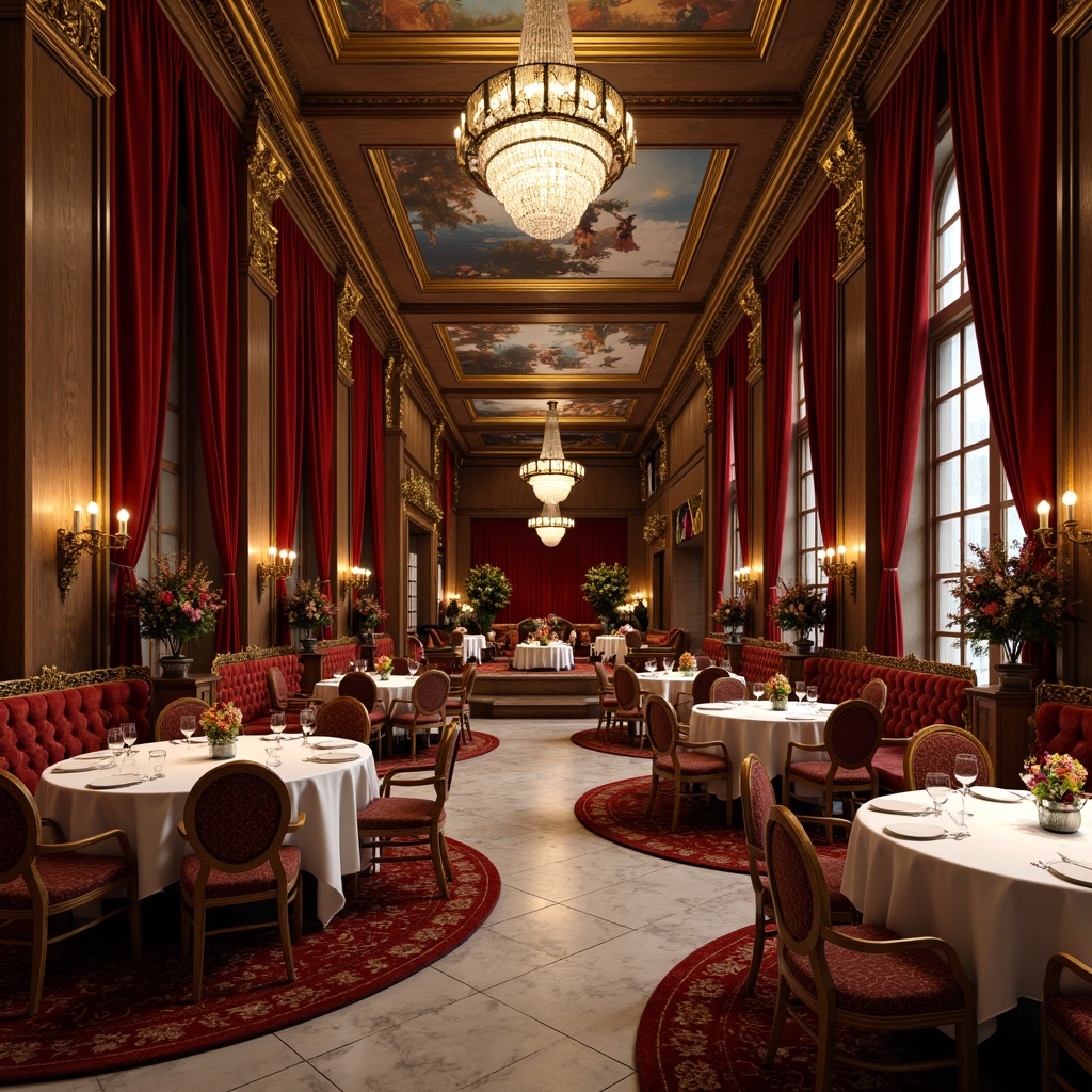 Prompt: Opulent dining hall, rich velvet drapes, ornate gold frames, crystal chandeliers, luxurious wooden furniture, intricately carved chairs, plush red upholstery, golden accents, majestic columns, grandiose ceiling murals, elegant marble floors, lavish flower arrangements, dramatic lighting, warm candlelight, 1/1 composition, shallow depth of field, realistic textures.